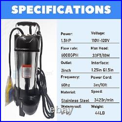 1.5HP 110V Sewage Grinder Sump Pump WithFloat Heavy Duty Stainless Steel 6000GPH