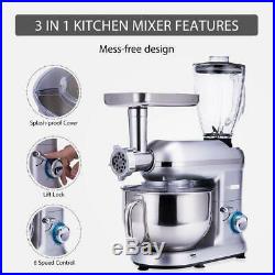 3 In 1 Upgraded Stand Mixer 6QT Stainless Steel Bowl Meat Grinder Blender Silver