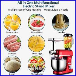 3 in 1 Tilt-Head Mixer with 5QT Bowl 6 Speeds 850W Stand Meat Grinder Red Blender