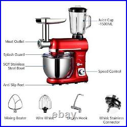 3 in 1 Tilt-Head Mixer with 5QT Bowl 6 Speeds 850W Stand Meat Grinder Red Blender