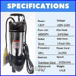 6000GPH Submersible Sump Pump 1.5 HP Stainless Steel Sewage Cutter Grinder 220V