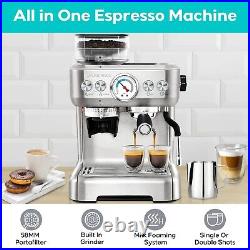 Espresso Machine 20 Bar With Grinder Latte Coffee Maker Sliver Stainless Steel