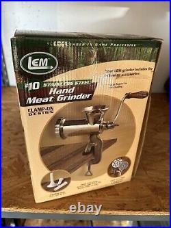 NEW LEM #10 MEAT GRINDER Stainless Steel Heavy-Duty Clamp-on Manual Hand Grinder