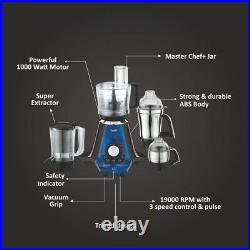 Preethi Steel 4-Jar Mixer Grinder, 1000-Watt, Stainless Steel, Black/Blue, MG-255