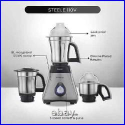 Preethi Steele 3-Jar Mixer Grinder, 550-Watt, Silver