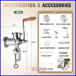 Stainless Steel Manual Meat Grinder with Table Clamp Sausage Stuffer Food Mil